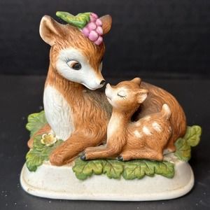 Vintage Woodland Mother Deer and Fawn Figurine w/Grapes Ceramic G-9448 RARE